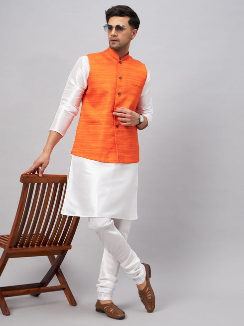 Vastramay Men's Orange Matka Silk Nehru Jacket With White Silk Blend Kurta Pyjama Set